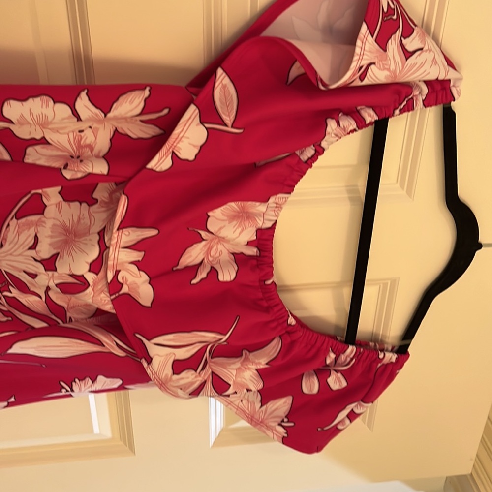 Perfect for a cruise or beach vacation- hot pink floral off the shoulder dress